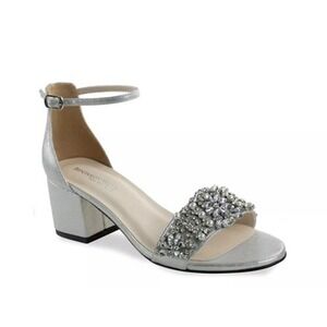 Benjamin Walk Devon Silver Rhinestone Ankle Strap‎ Block Heel Formal Sandals 8.5